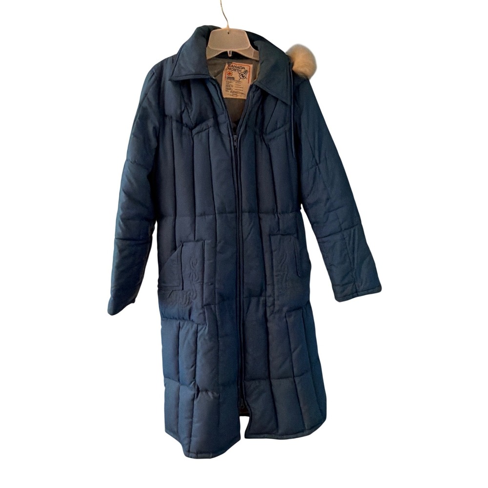 Canada North Puffer Coat Blue Down Filled Fur Trim Hood Belted Parka 15/16